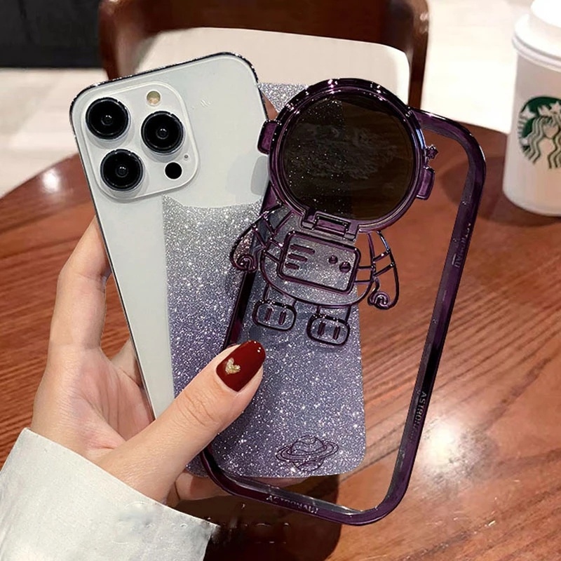 Glitter Astronaut Camera Stand Iphone Case For 11, 12, 13, 14- Pro Max, XR ,14 Plus Invisible Lens Bracket Plating Soft Cover - Image 2